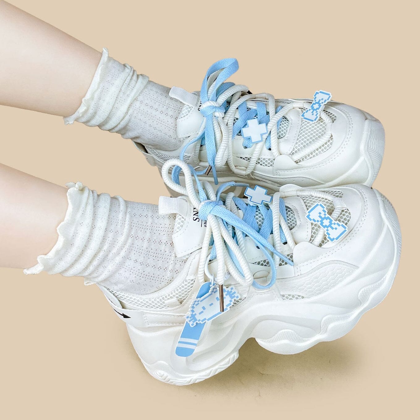 Blue Pixel Cat Cloud Chunky Sneakers - Unisex - Image 10