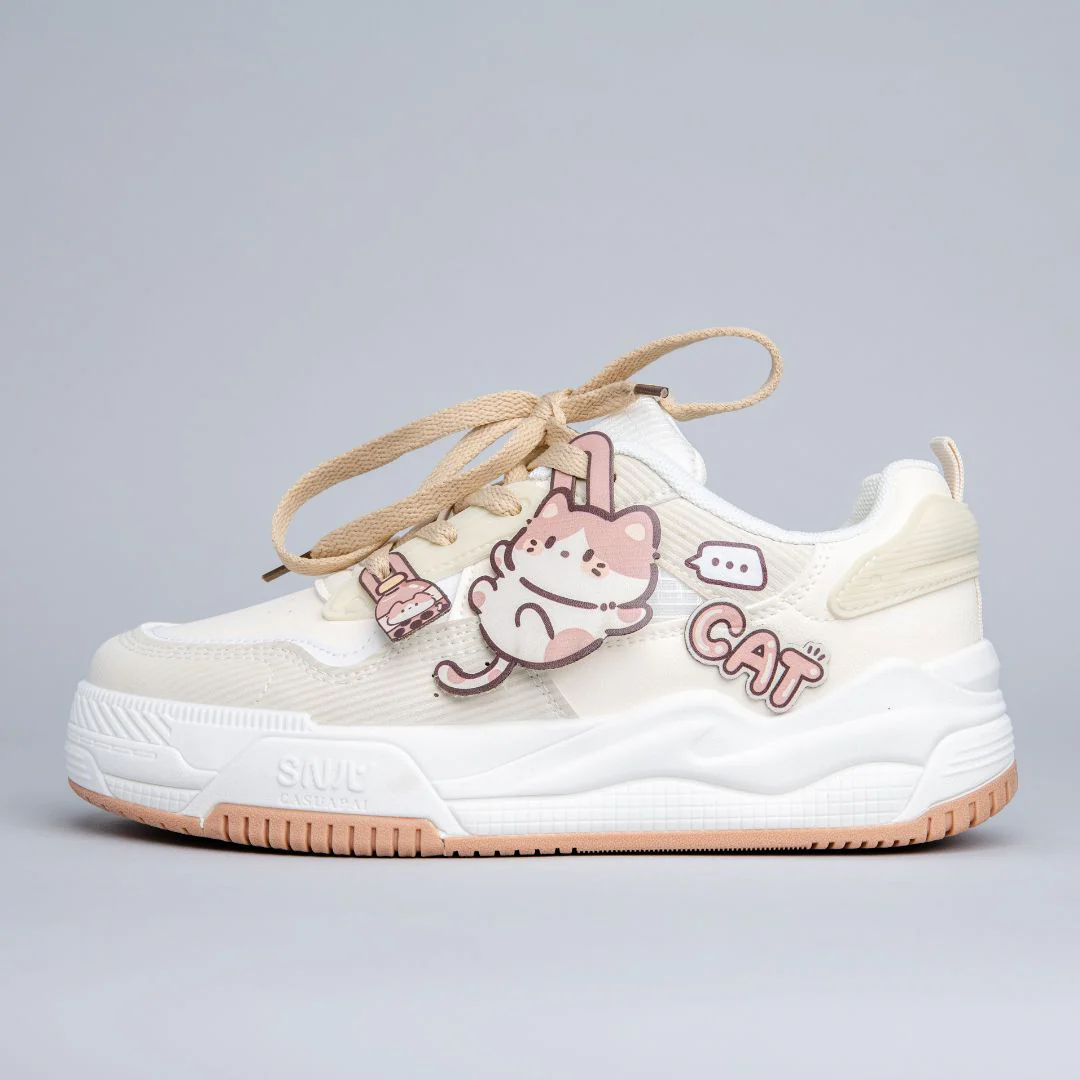 Boba Lovin Chubby Kitty White Sneakers - Women's