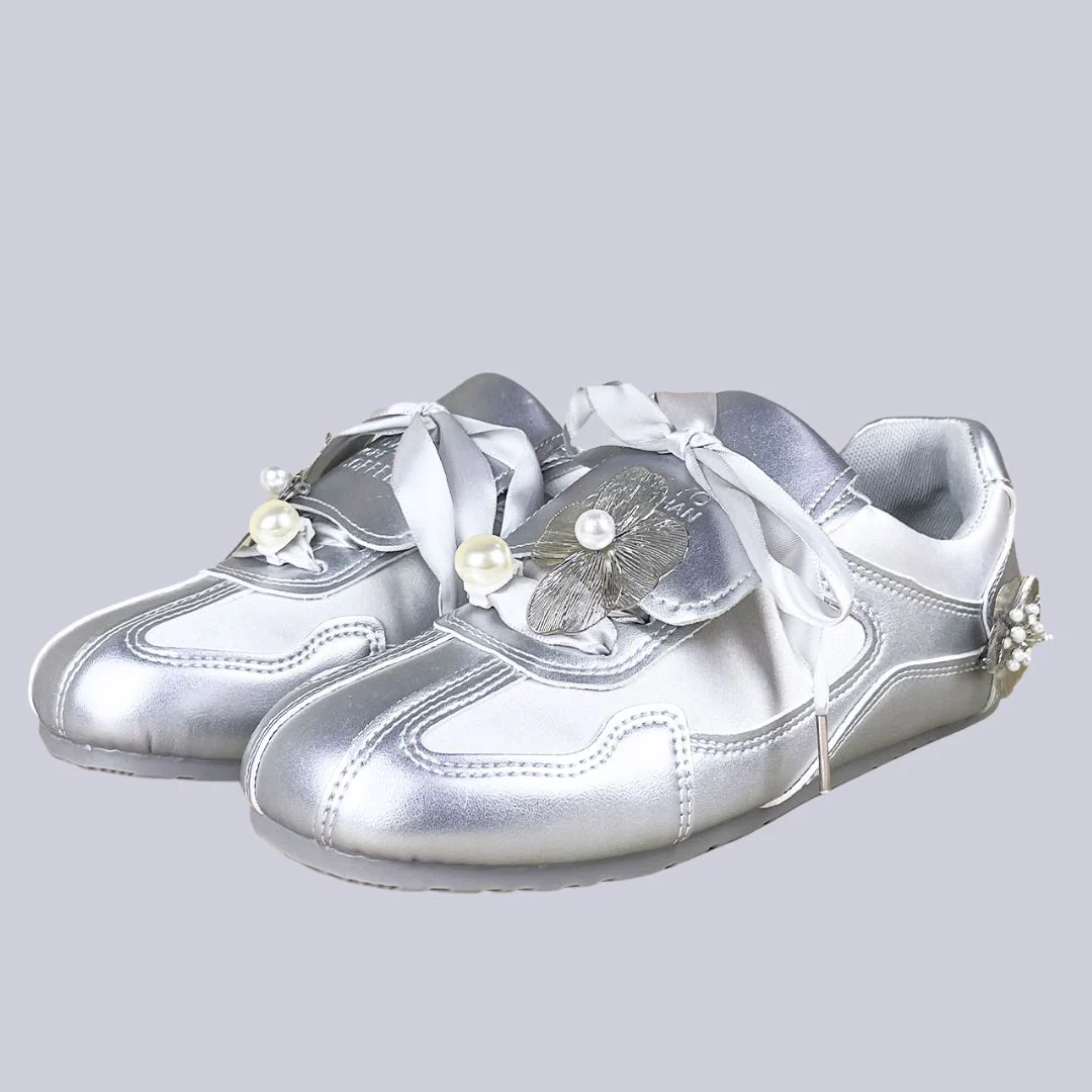 Celestial Metallic Silver Pearl Bloom Sneakers - Women's