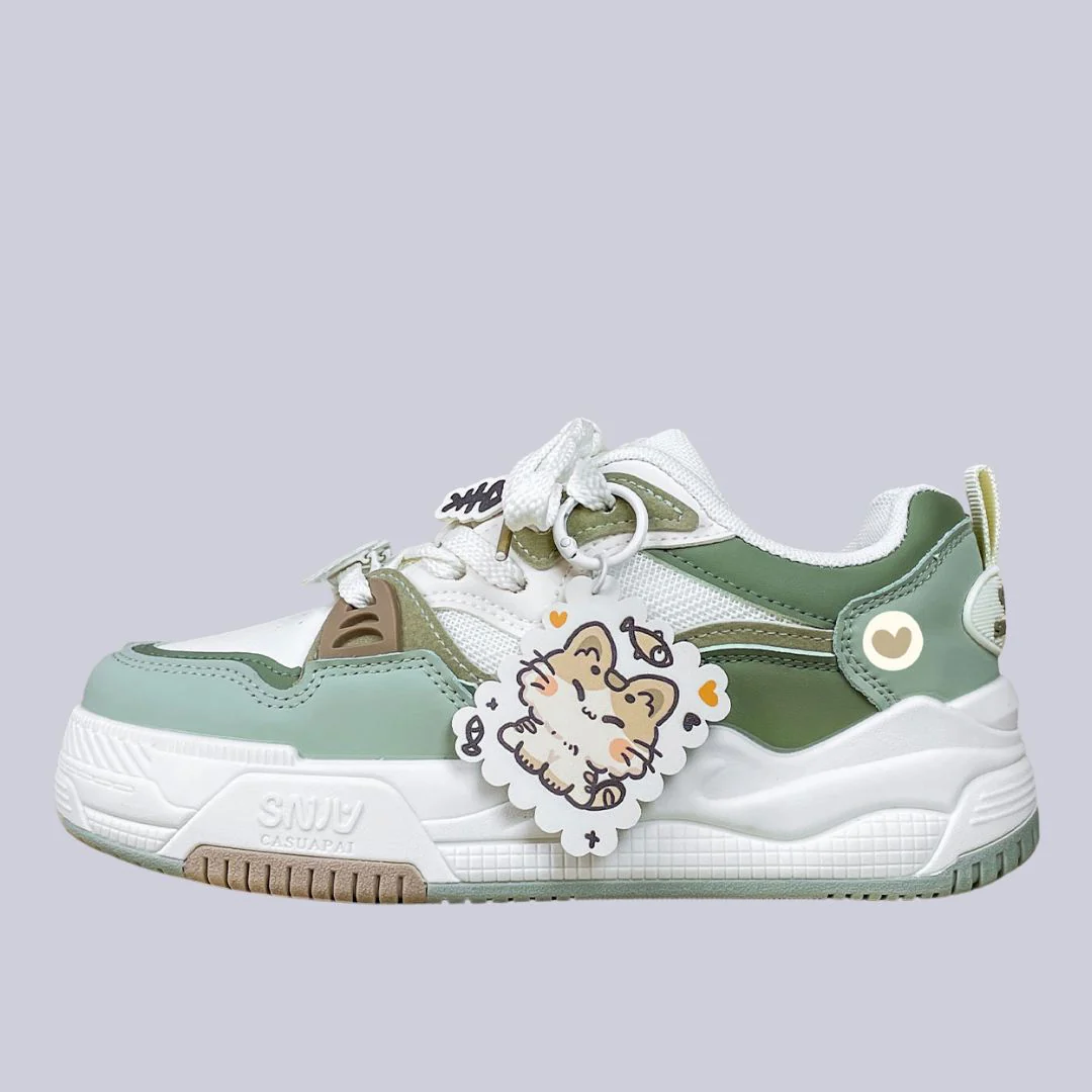 Chubby Neko Matcha Cat & Fish Charm Sneakers - Women's