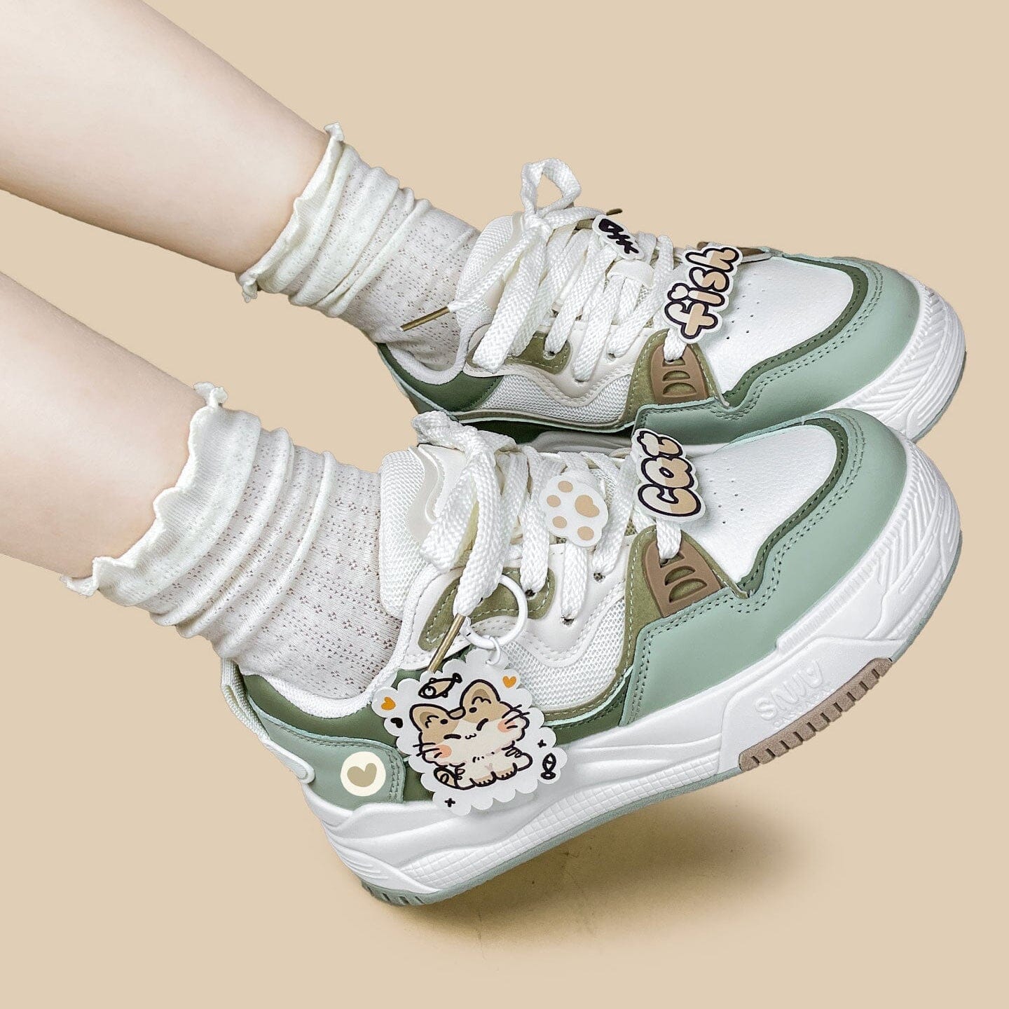 Chubby Neko Matcha Cat & Fish Charm Sneakers - Women's - Image 10