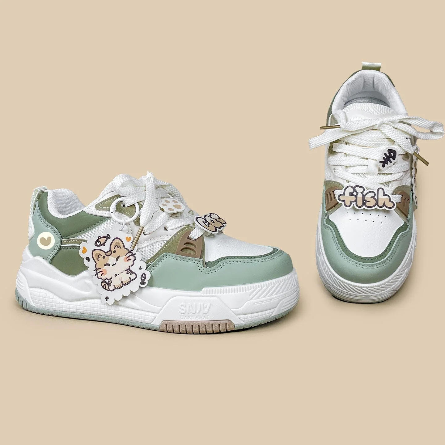 Chubby Neko Matcha Cat & Fish Charm Sneakers - Women's - Image 4