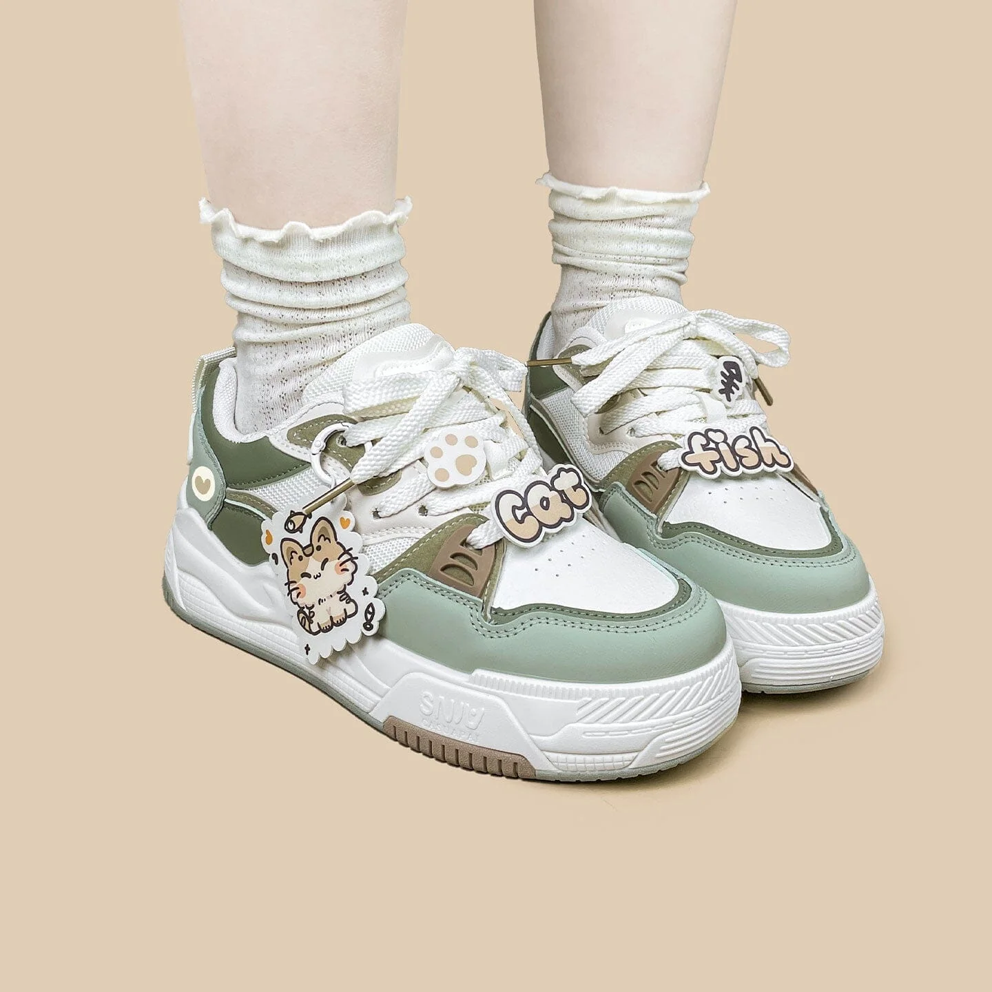 Chubby Neko Matcha Cat & Fish Charm Sneakers - Women's - Image 7
