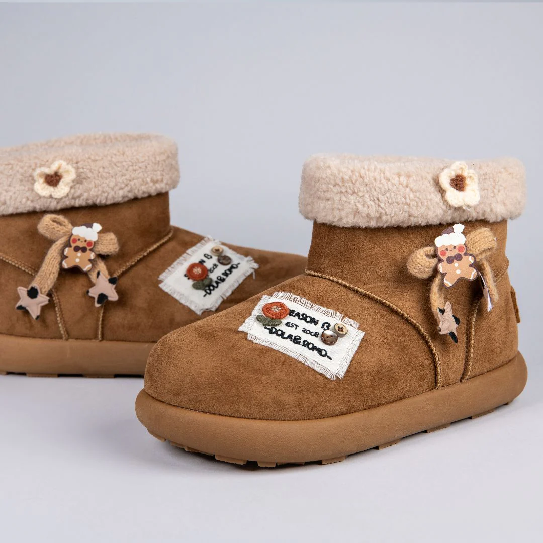 *CLEARANCE* Cozy Patchwork and Bows Ultra Soft Beige Winter Boots - Women's - Image 4