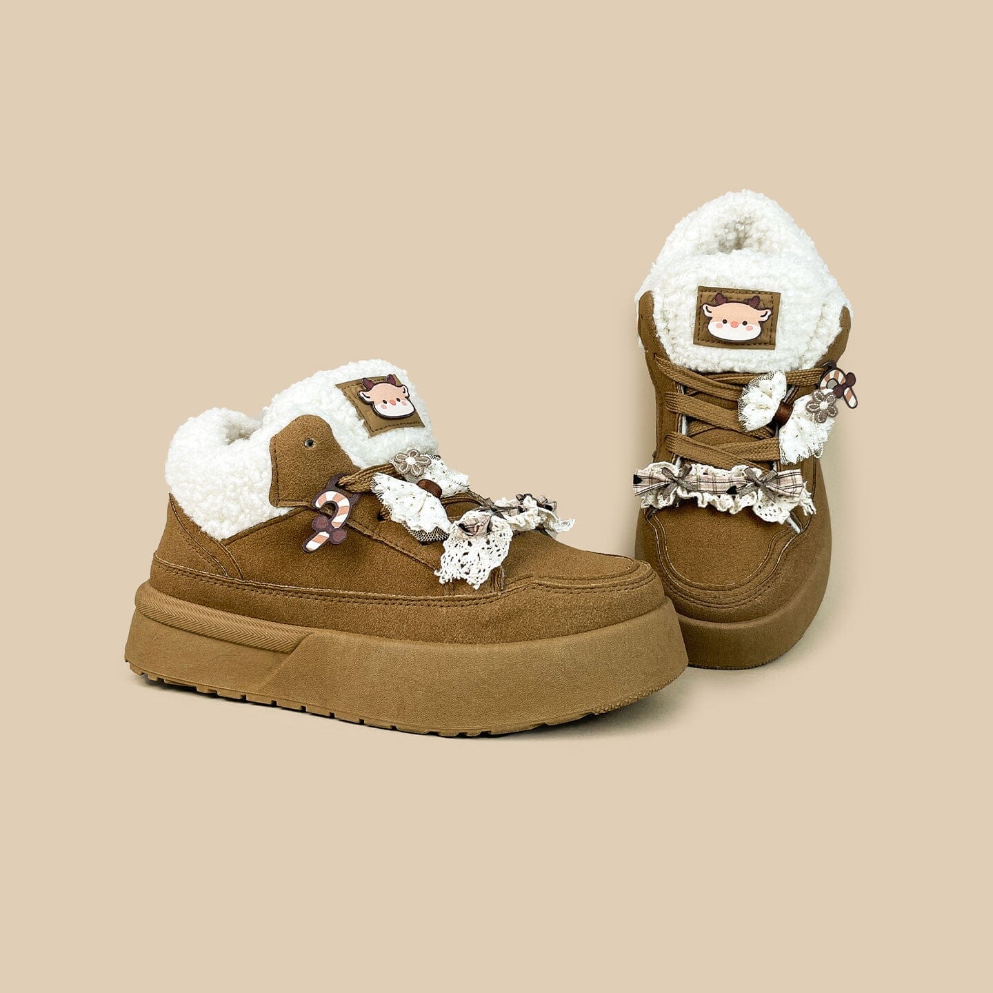 *CLEARANCE* Cozy Reindeer Ultra Chunky Brown Mid Top Shoes - Women's - Image 4