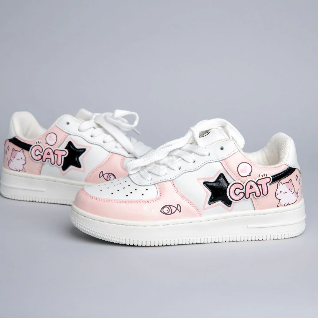 Hand Painted Loving Cat Strawberry Milk Pink Sneakers - Unisex - Image 4