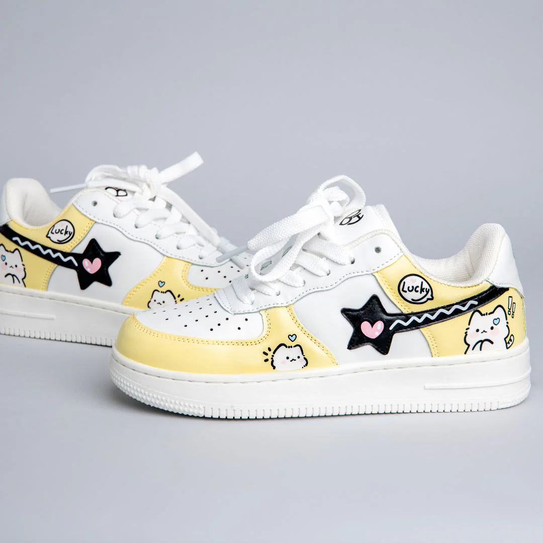 *CLEARANCE* Hand Painted Lucky Cat Butter Yellow Sneakers - Unisex - Image 3