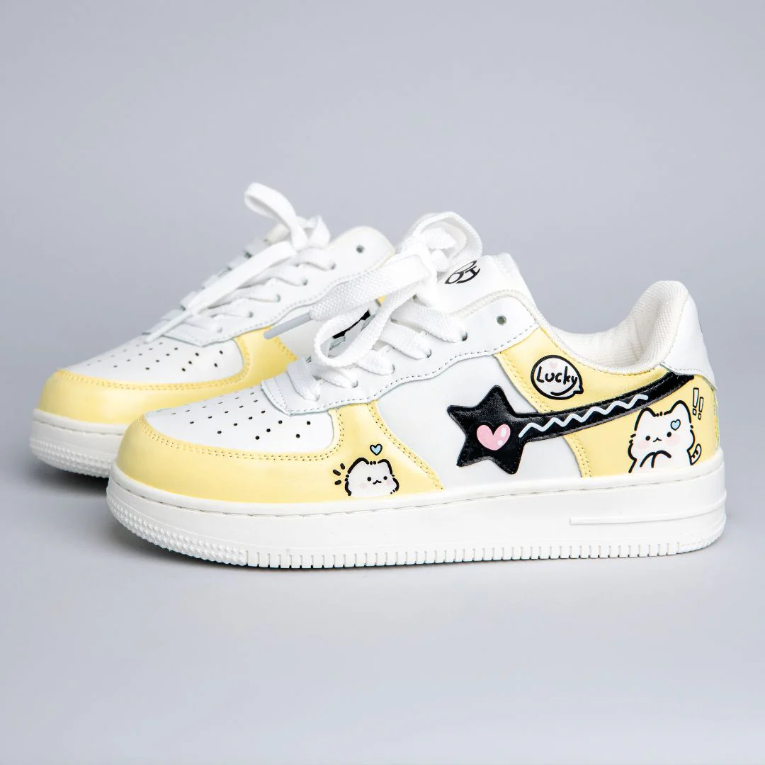 *CLEARANCE* Hand Painted Lucky Cat Butter Yellow Sneakers - Unisex - Image 4