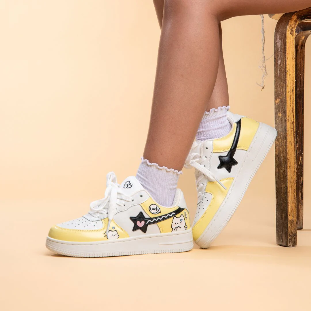 *CLEARANCE* Hand Painted Lucky Cat Butter Yellow Sneakers - Unisex - Image 5