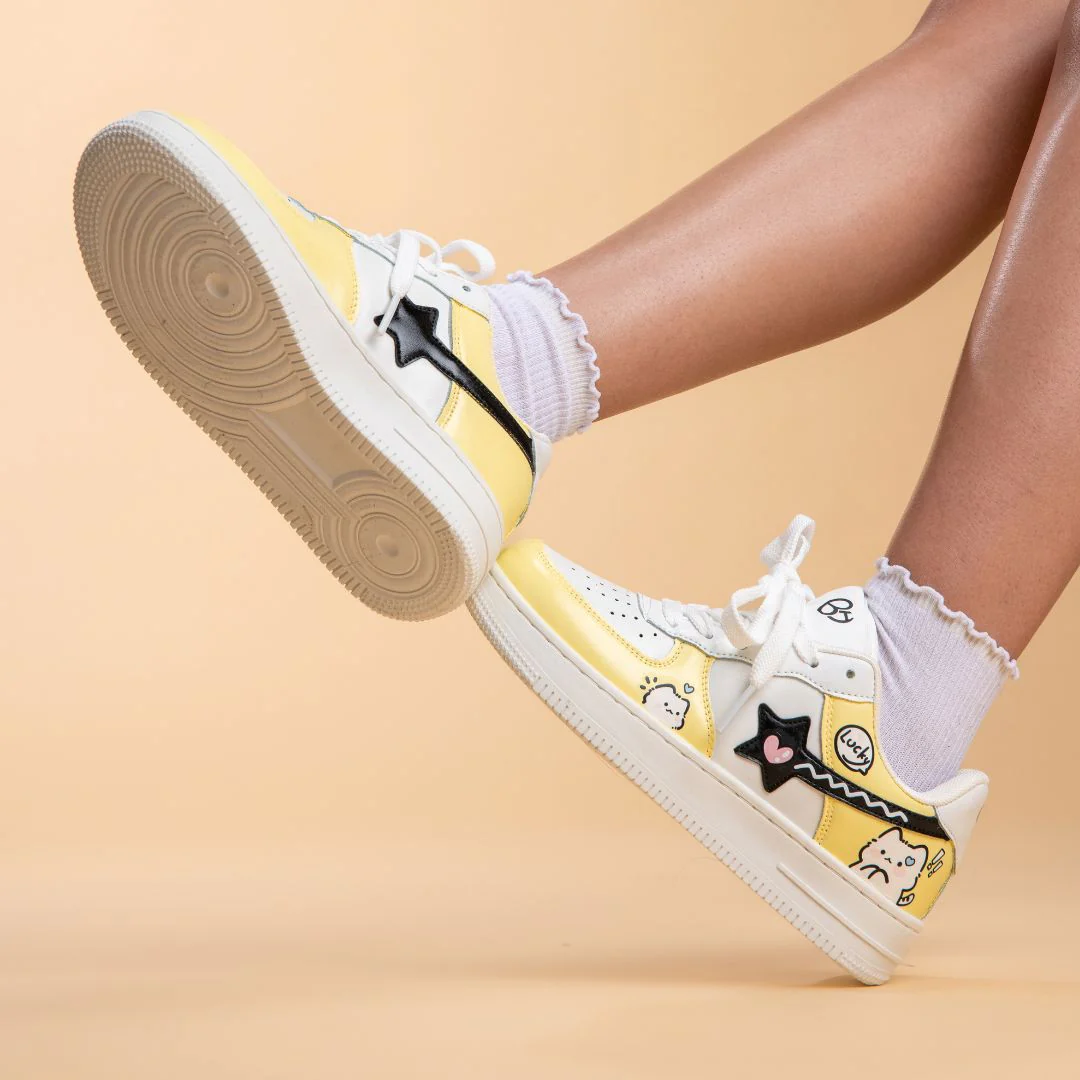 *CLEARANCE* Hand Painted Lucky Cat Butter Yellow Sneakers - Unisex - Image 6