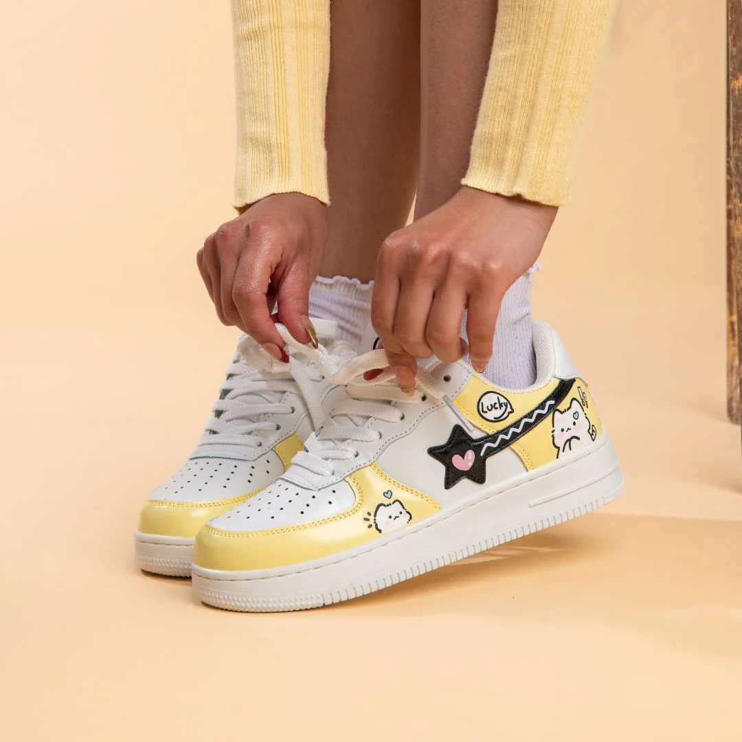 *CLEARANCE* Hand Painted Lucky Cat Butter Yellow Sneakers - Unisex - Image 7