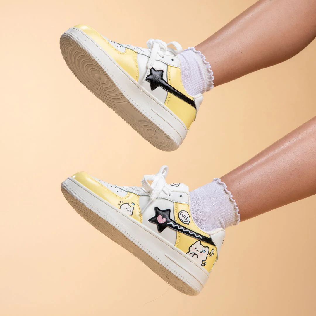 *CLEARANCE* Hand Painted Lucky Cat Butter Yellow Sneakers - Unisex - Image 8