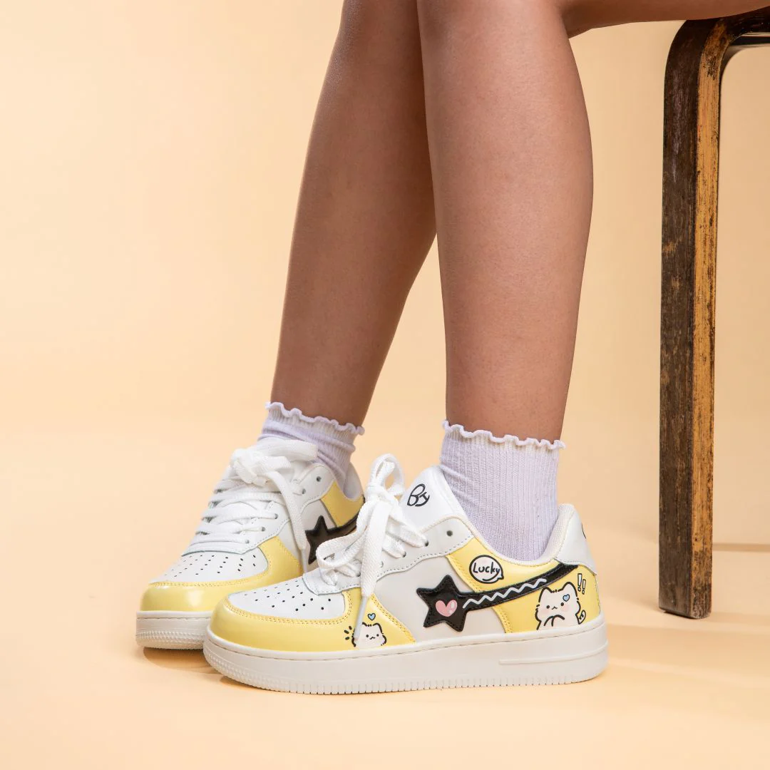 *CLEARANCE* Hand Painted Lucky Cat Butter Yellow Sneakers - Unisex - Image 9