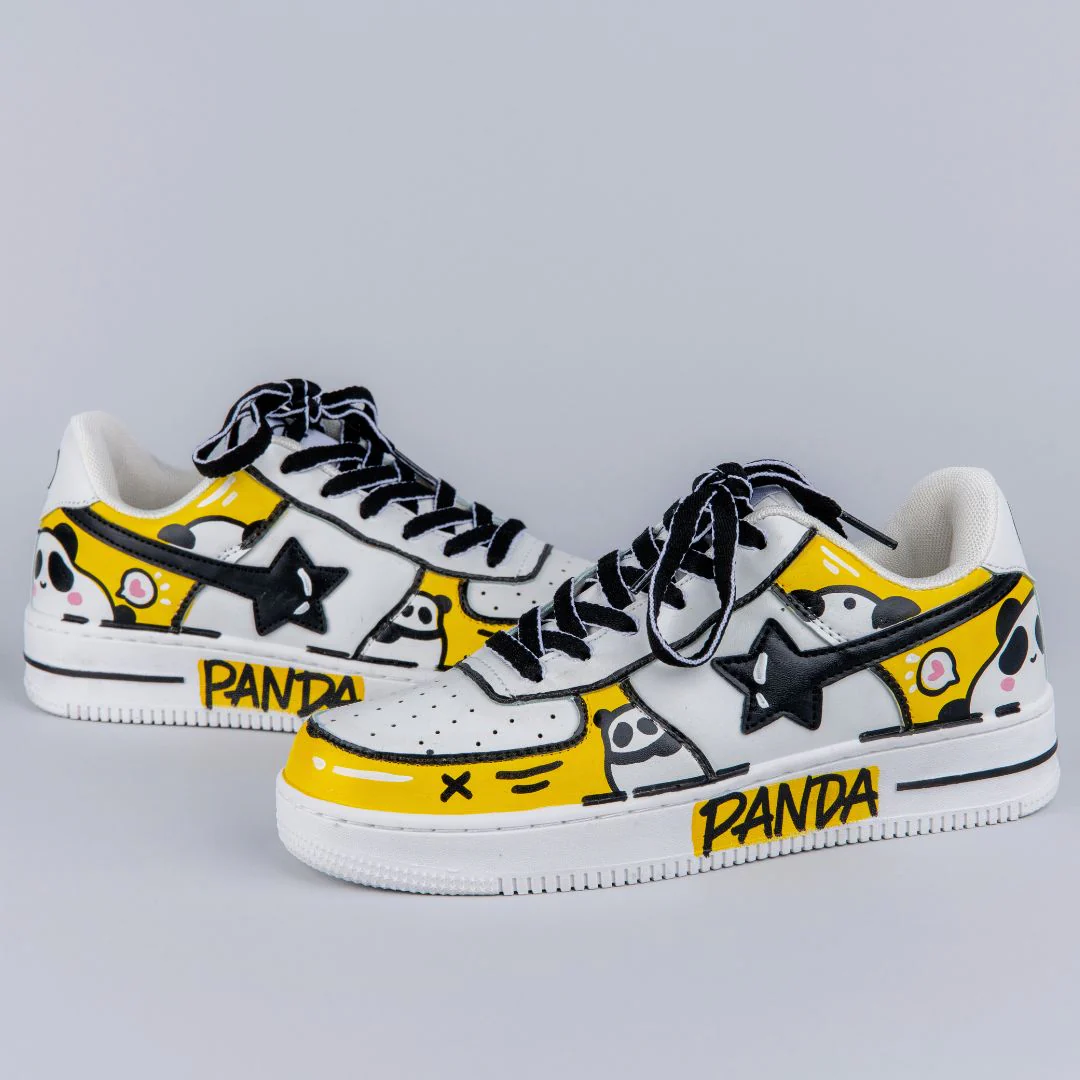 Hand Painted Yellow Panda Casual White Shoes - Unisex - Image 4