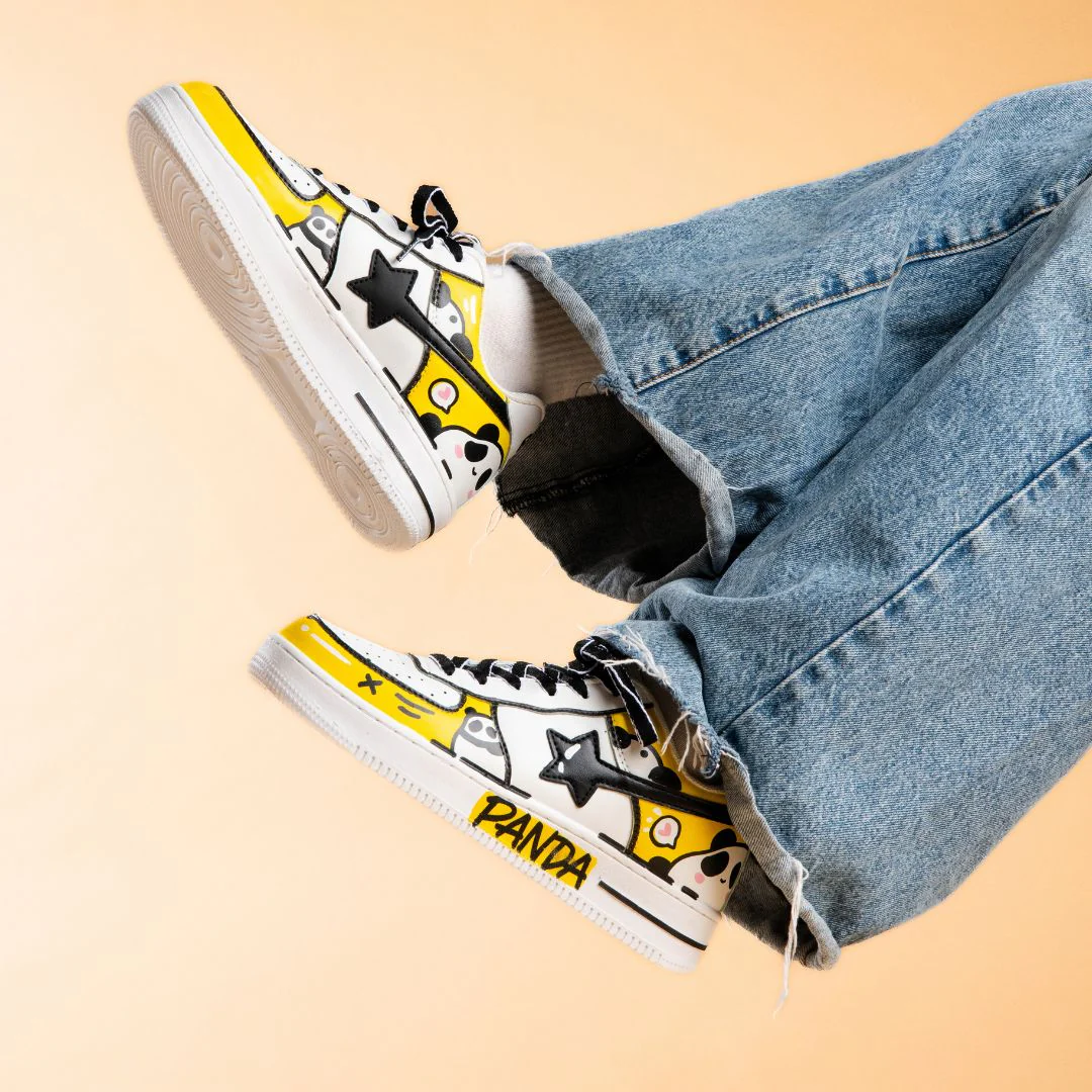 Hand Painted Yellow Panda Casual White Shoes - Unisex - Image 8