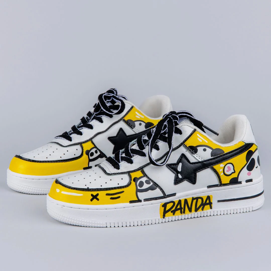 Hand Painted Yellow Panda Casual White Shoes - Unisex - Image 3