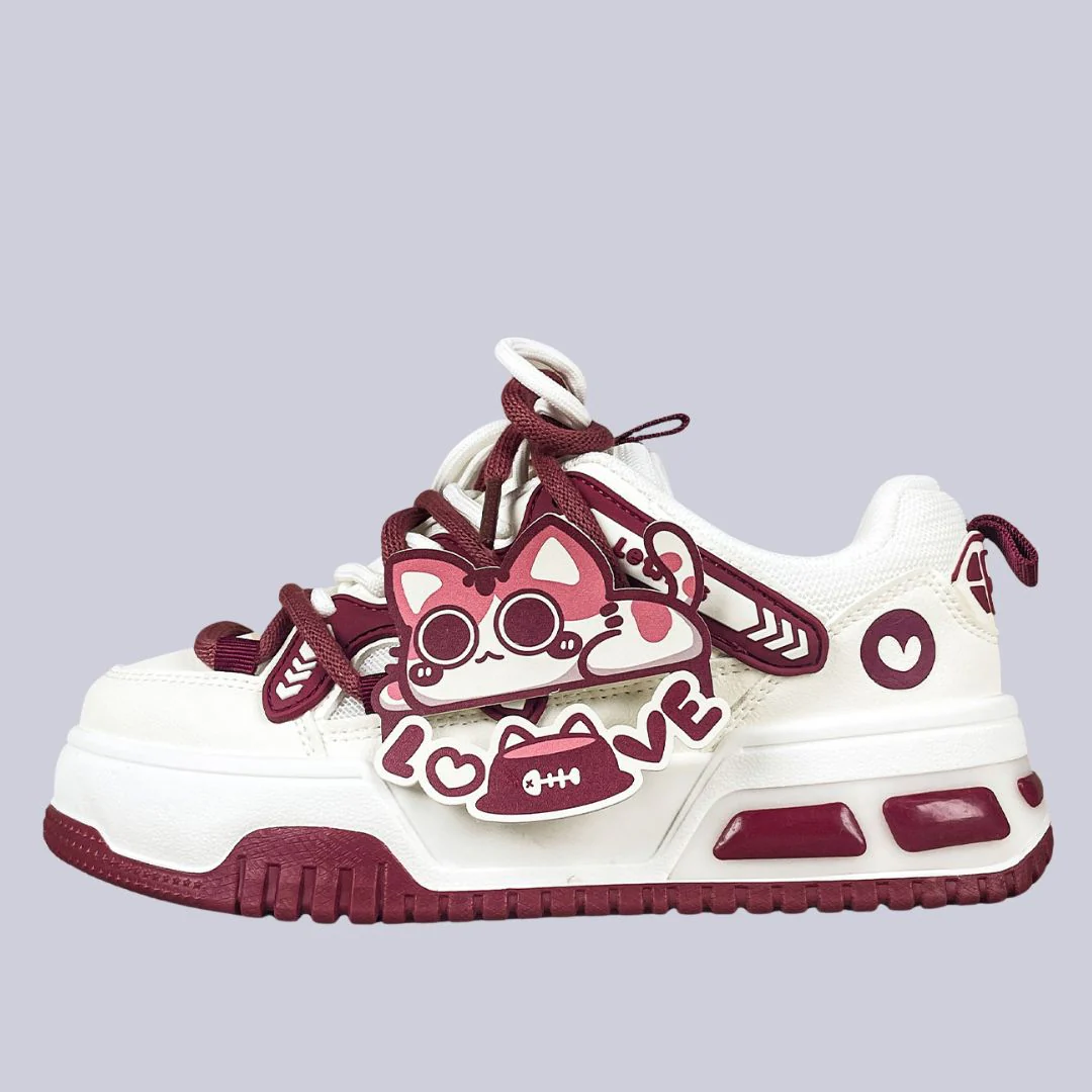 Sweetheart Meow Chunky Casual Red Sneakers – Unisex