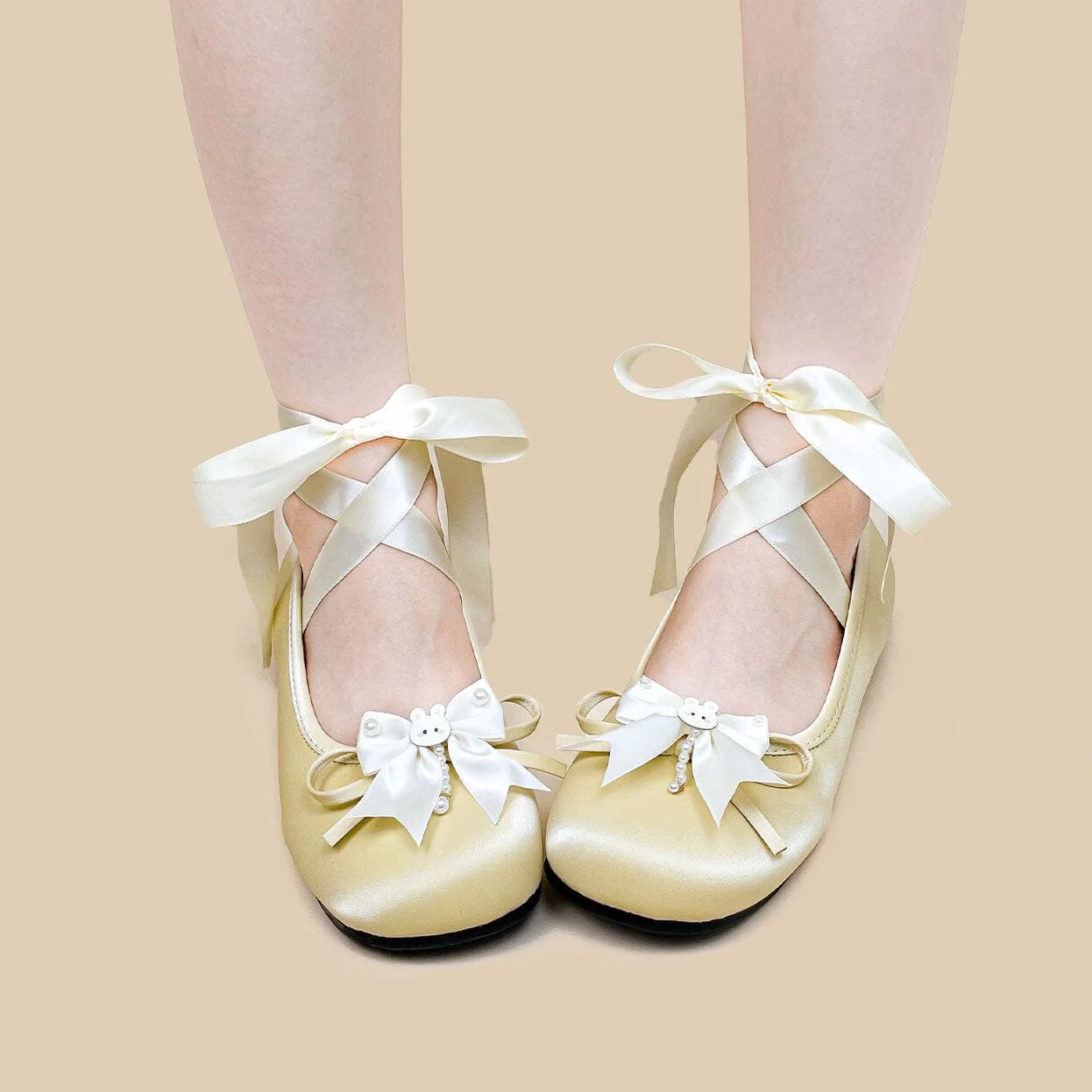 *CLEARANCE* Ultra Pretty Butter Yellow Bunny Satin Ribbon Ballet Flats - Women's - Image 6