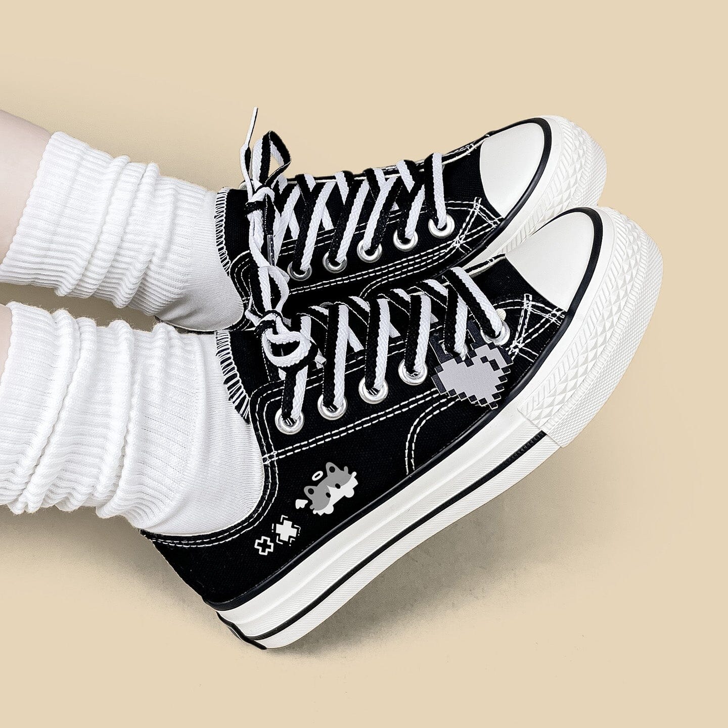 Kawaii Pixel Kitty Black Low Top Canvas Shoes - Unisex - Image 4
