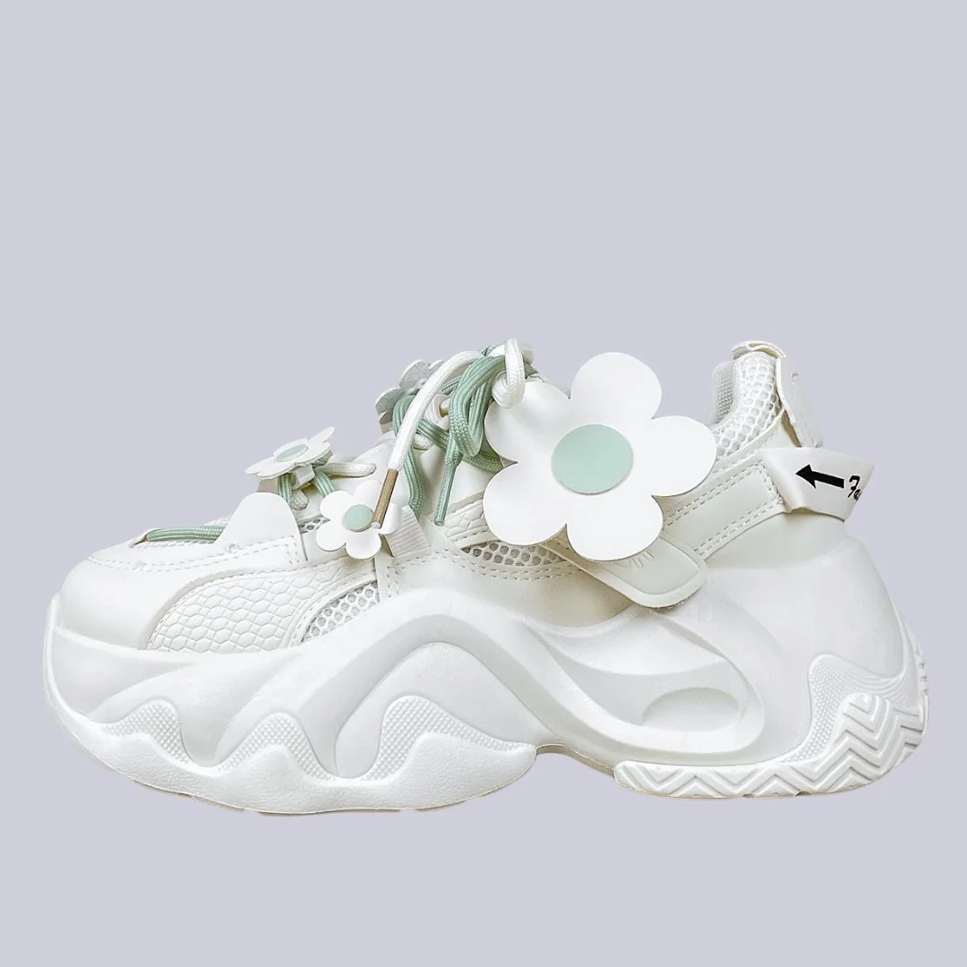 Matcha Green Daisy Flower Charm Chunky Sneakers – Unisex
