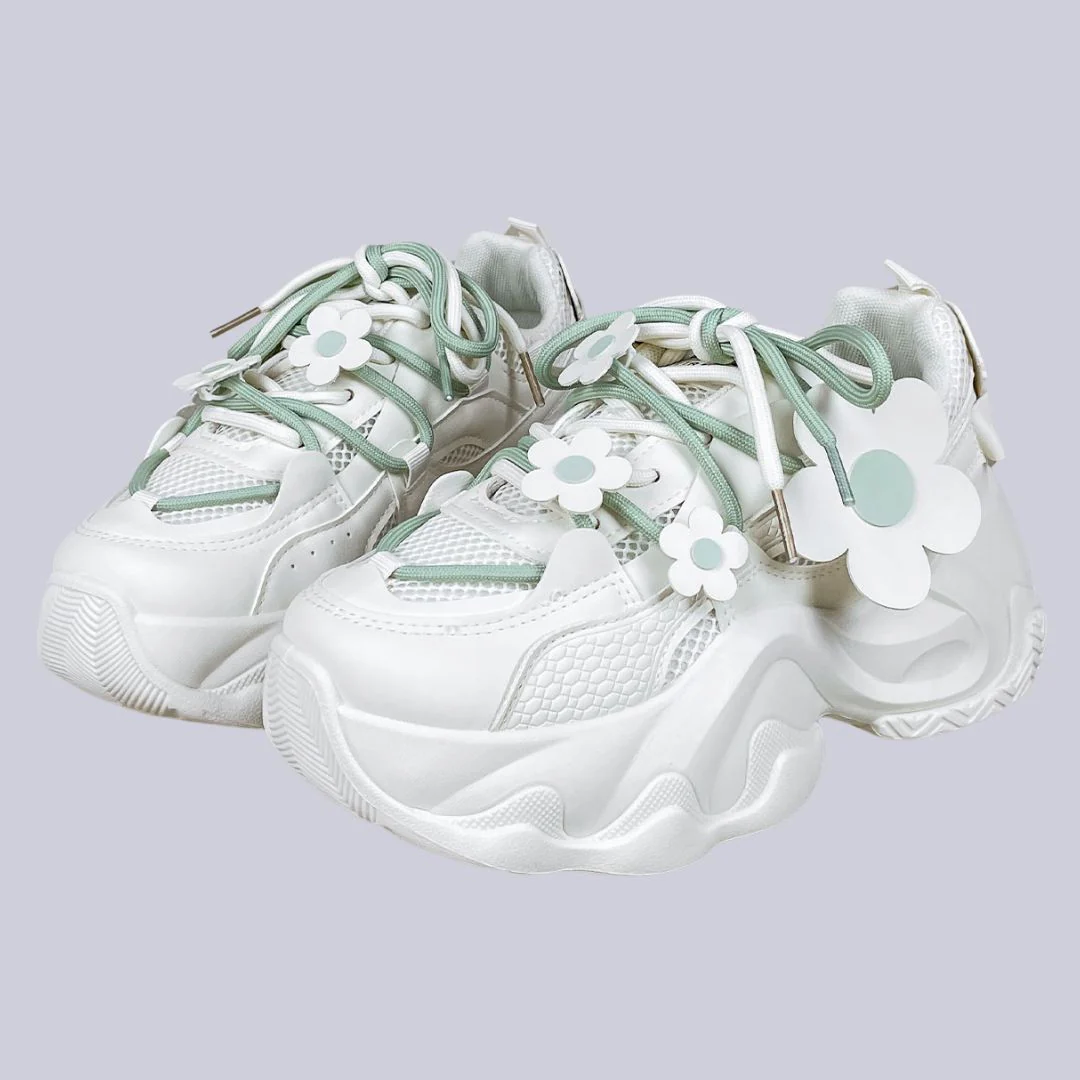 Matcha Green Daisy Flower Charm Chunky Sneakers – Unisex - Image 2