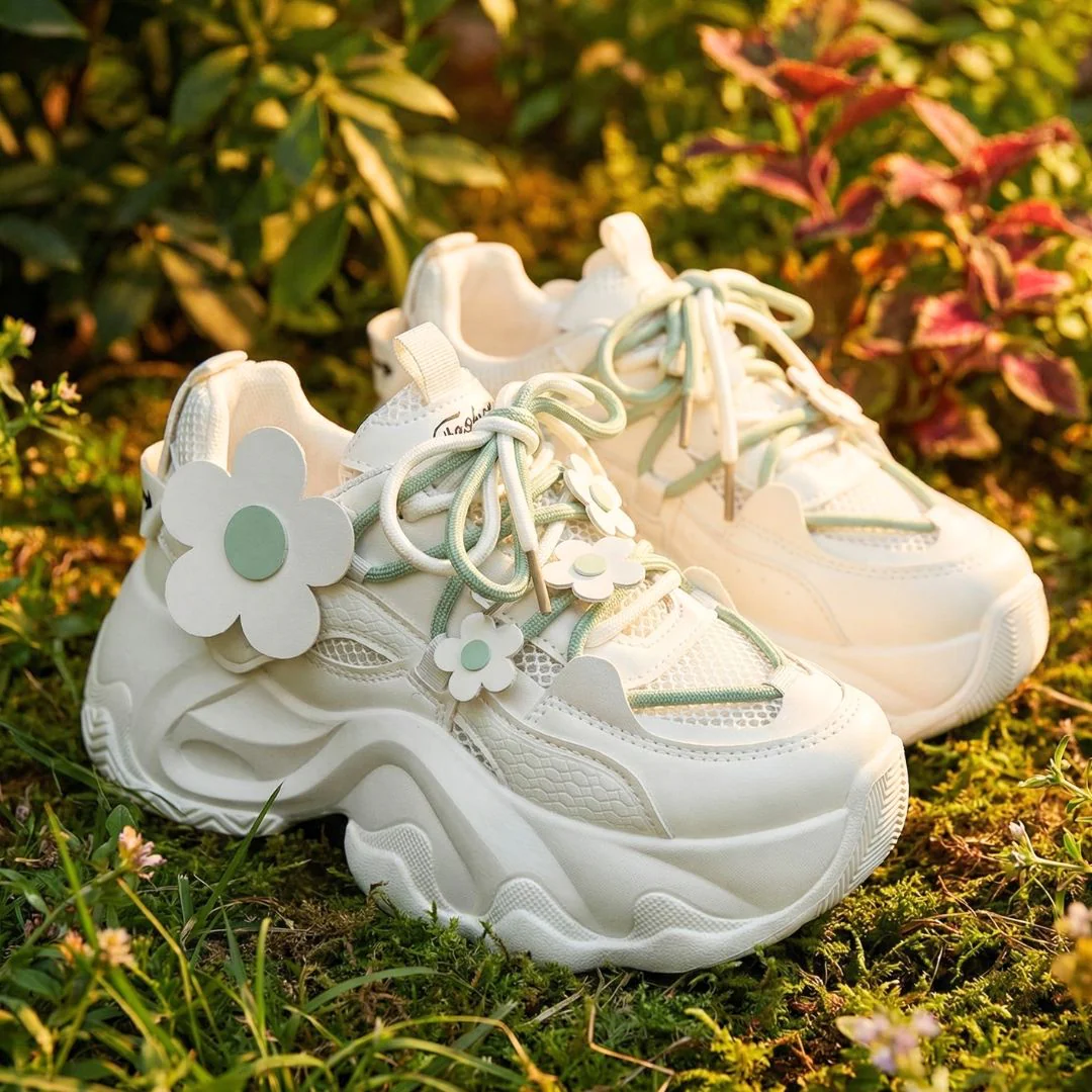 Matcha Green Daisy Flower Charm Chunky Sneakers – Unisex - Image 3
