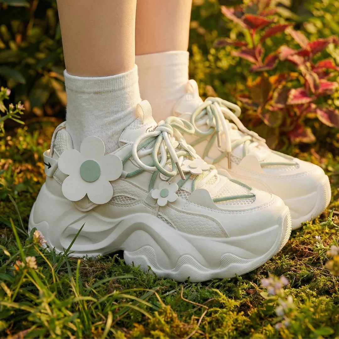 Matcha Green Daisy Flower Charm Chunky Sneakers – Unisex - Image 4