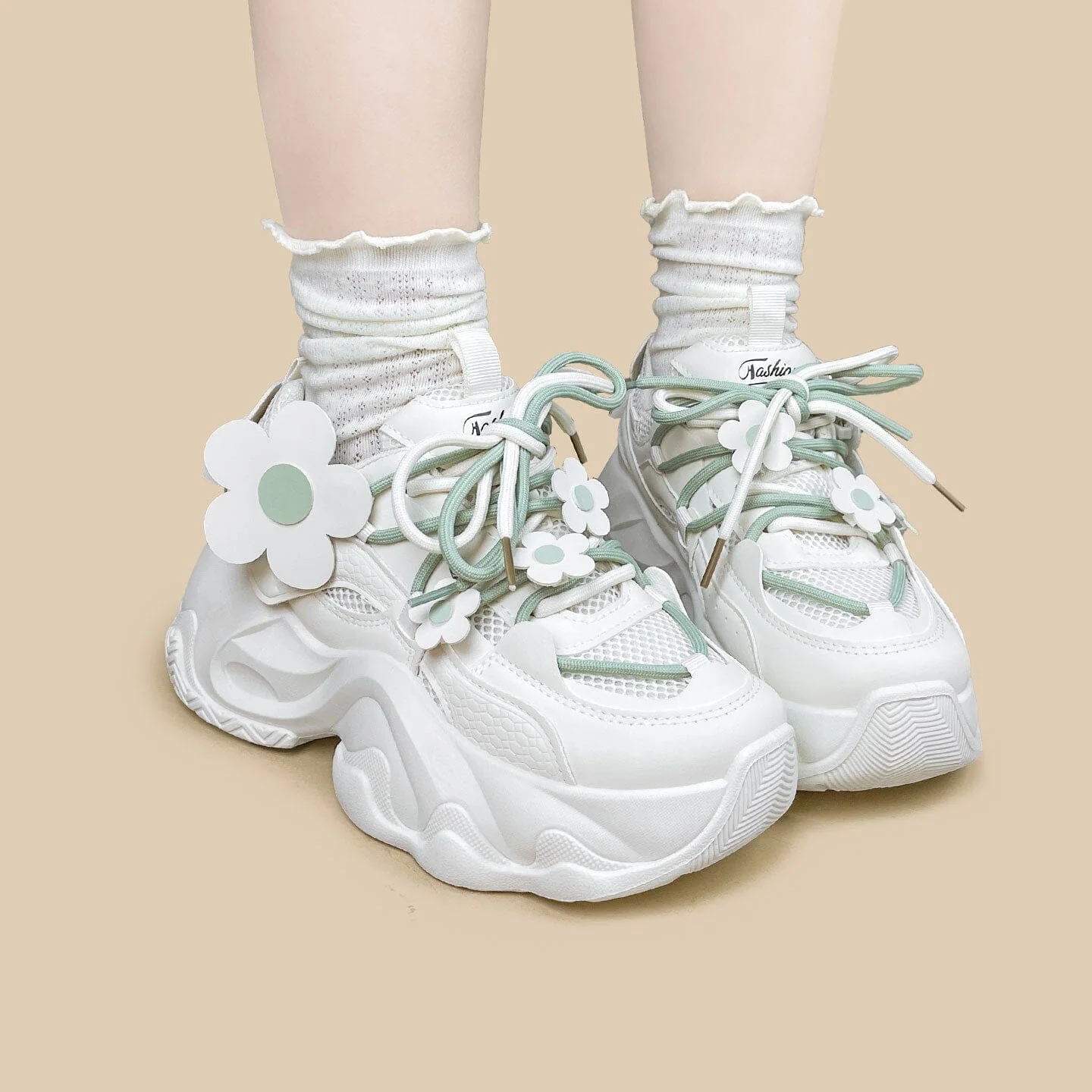 Matcha Green Daisy Flower Charm Chunky Sneakers – Unisex - Image 5