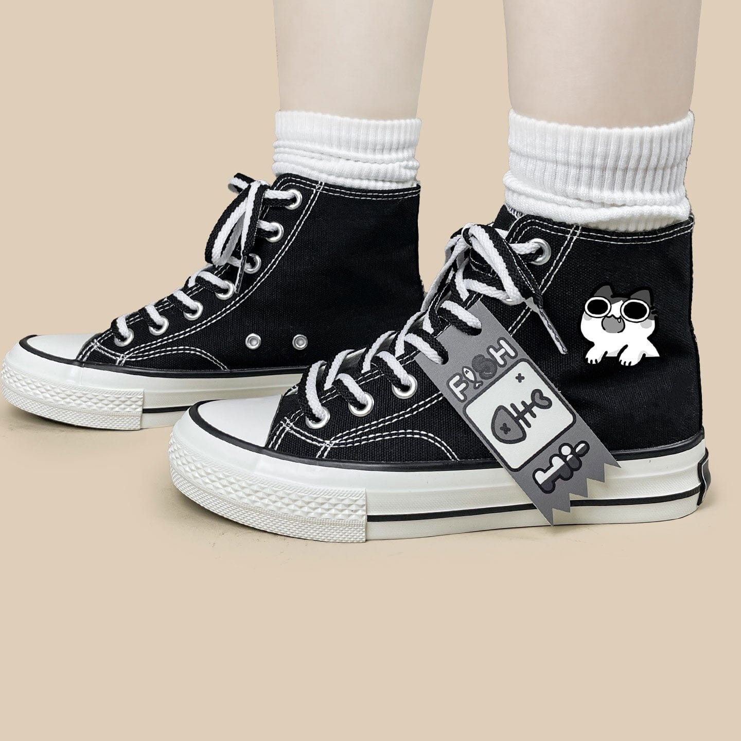 Neko Fish Bone Black High Top Canvas Shoes - Unisex - Image 6