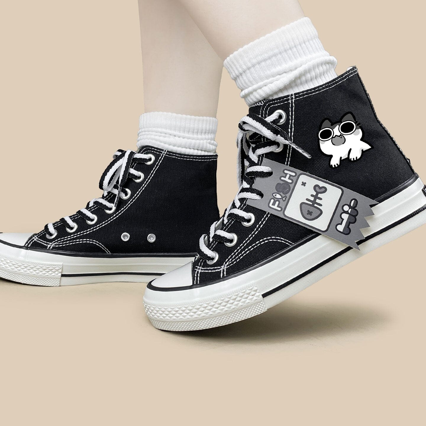 Neko Fish Bone Black High Top Canvas Shoes - Unisex - Image 7