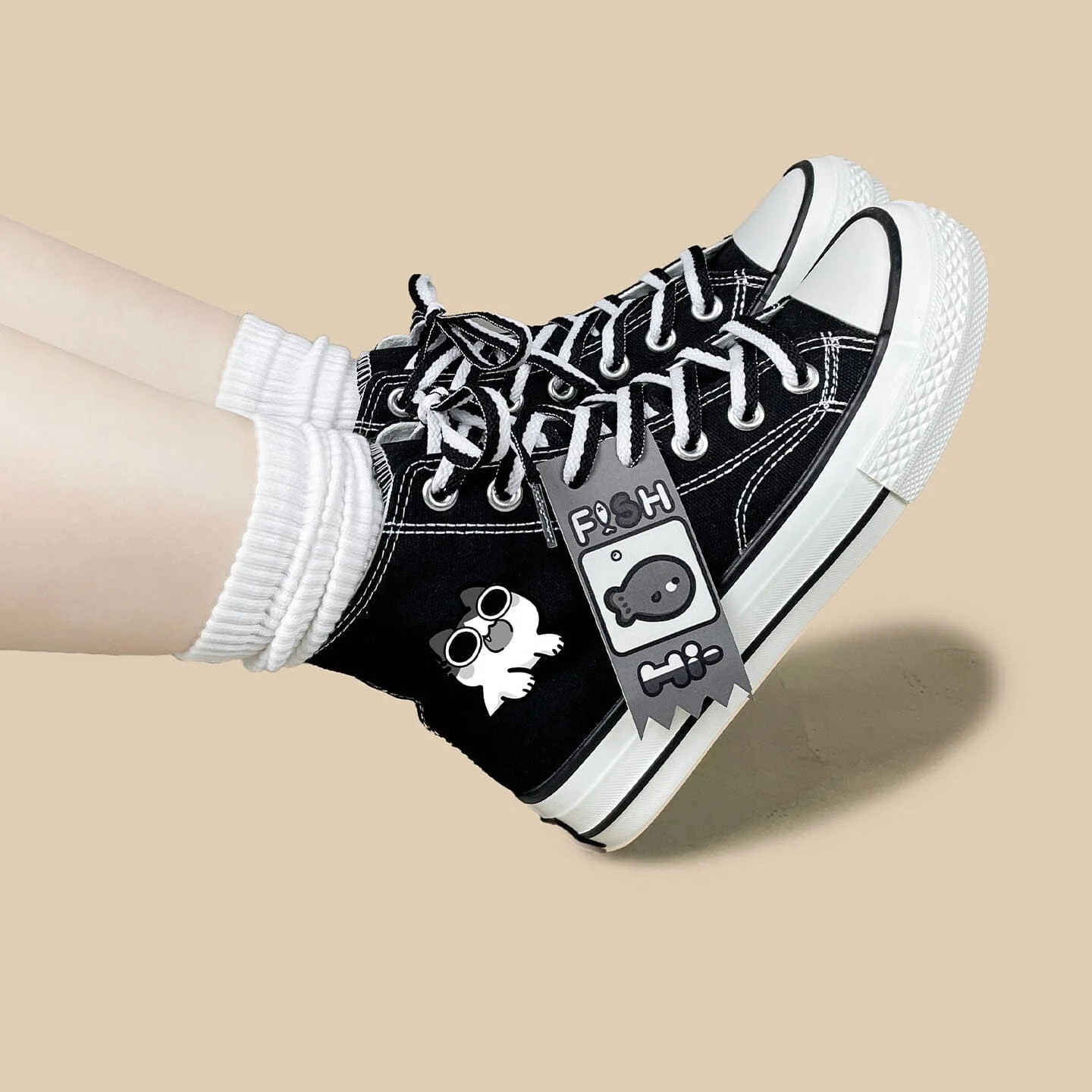 Neko Fish Bone Black High Top Canvas Shoes - Unisex - Image 8