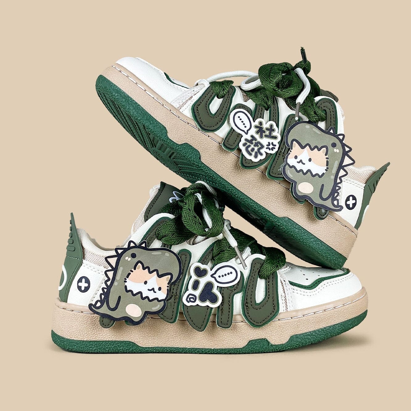 Super Shy Dino Cat Chunky Green Sneakers - Unisex - Image 2
