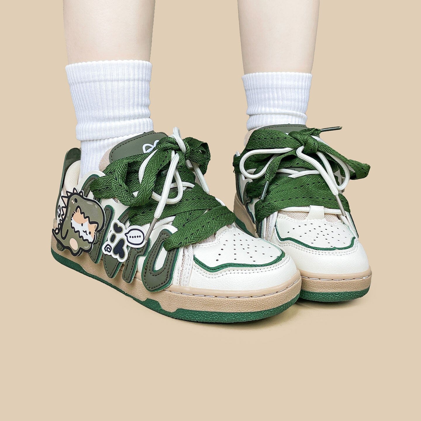 Super Shy Dino Cat Chunky Green Sneakers - Unisex - Image 6
