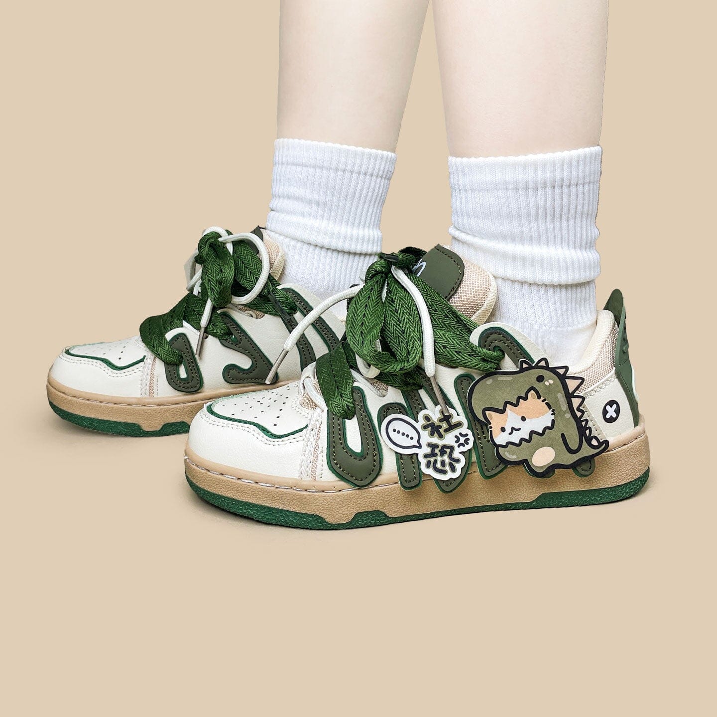 Super Shy Dino Cat Chunky Green Sneakers - Unisex - Image 7