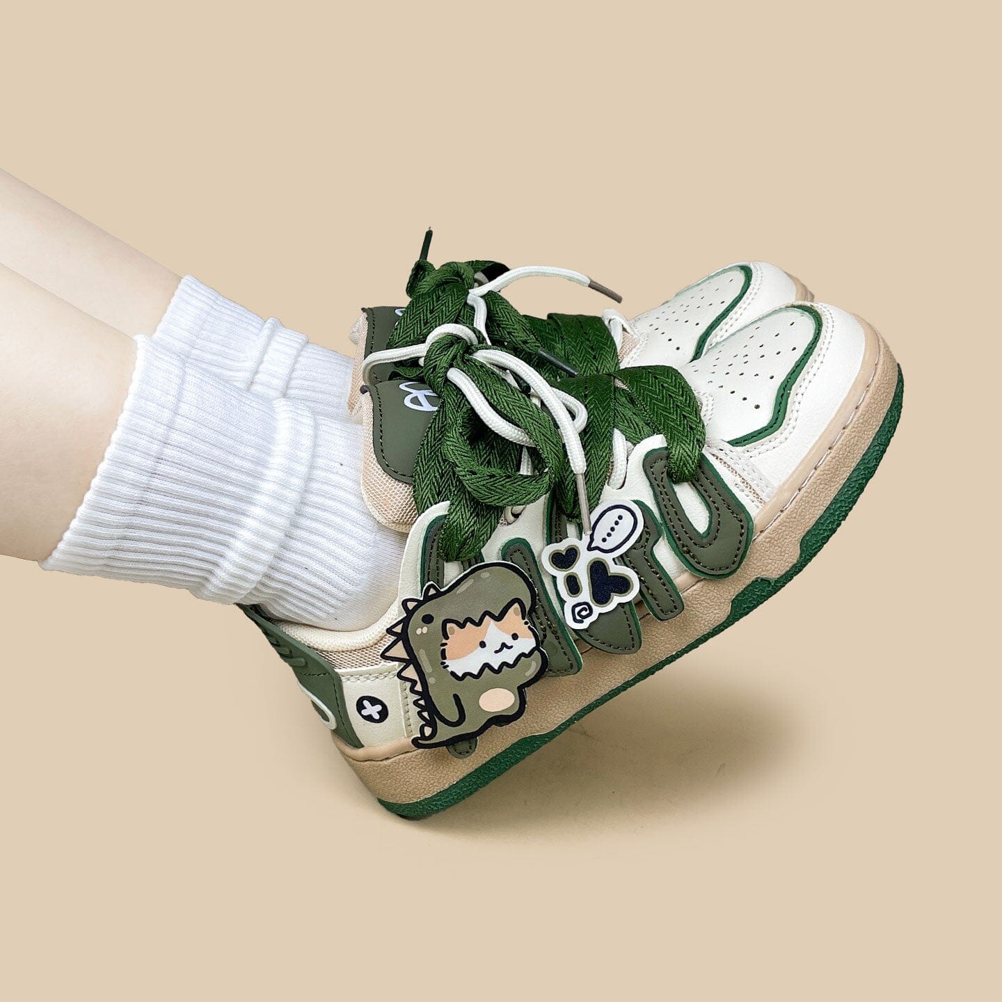 Super Shy Dino Cat Chunky Green Sneakers - Unisex - Image 8